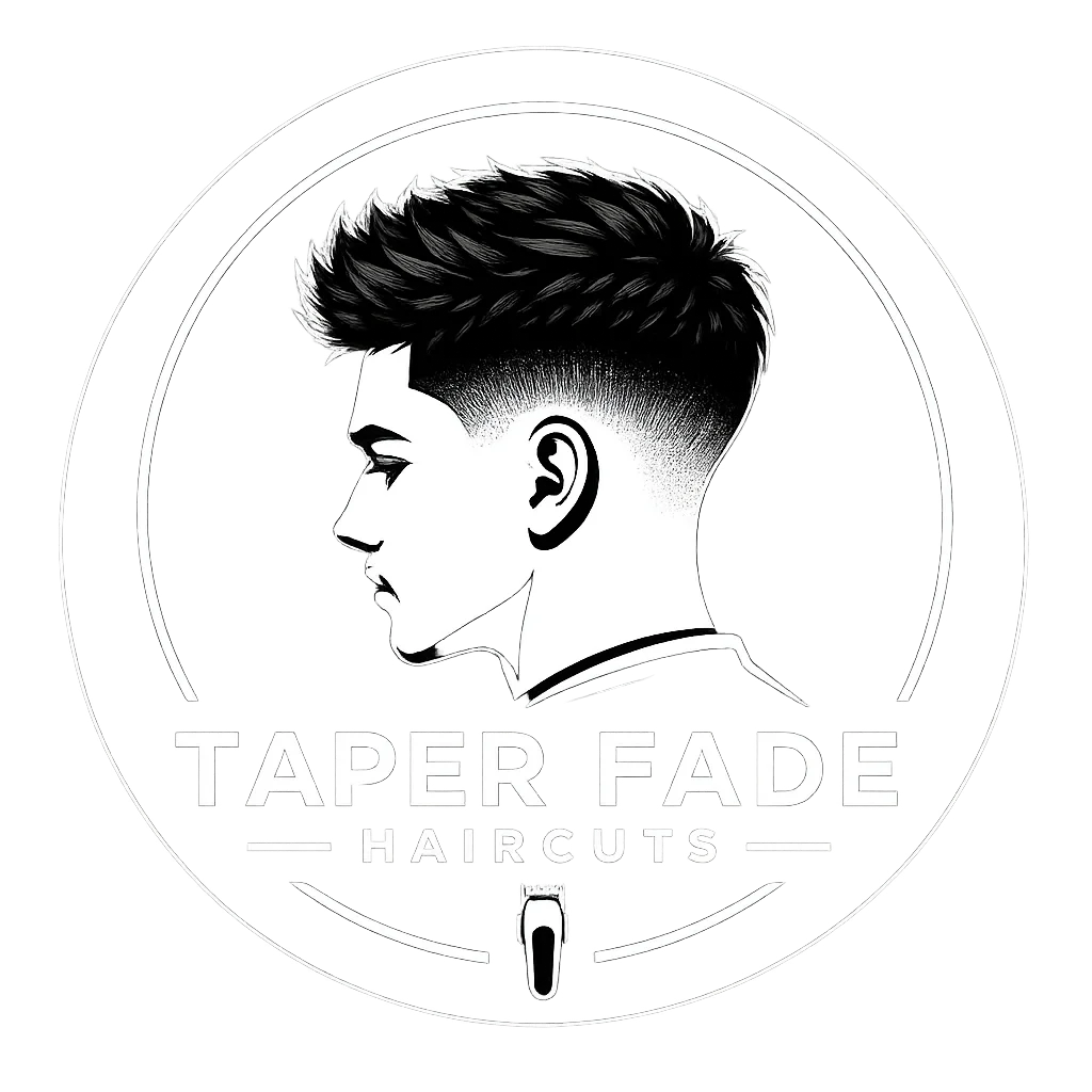 Taper Fade Haircuts logo with modern taper fade hairstyle and barber clipper icon