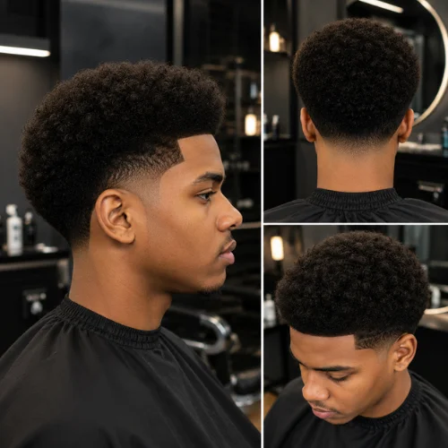 Professional Afro taper fade haircut on a Black male model in a modern barbershop environment, featuring clean tapered sides, textured afro hair, and sharp barber styling