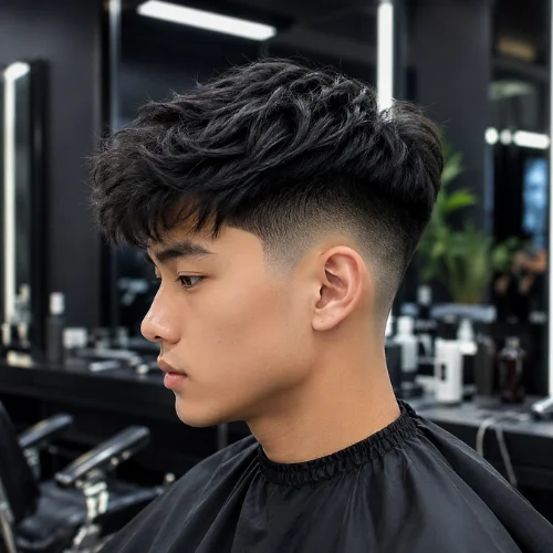 Asian Taper Fade haircut model in a modern luxury barbershop, featuring a clean low taper fade, textured top hairstyle, sharp hairline, professional grooming, side profile portrait, premium salon lighting, stylish black barber cape, contemporary interior.