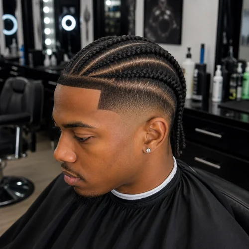 Professional barbershop client with neat braids and a clean taper fade. Sharp lineup, detailed cornrows, and a smooth fade are highlighted against a softly blurred barber shop background.