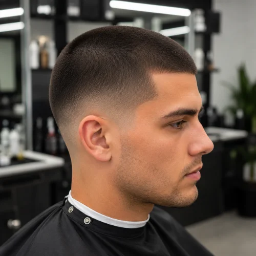 Young man with a clean Buzz Cut Taper Fade haircut featuring a sharp fade and evenly trimmed buzz cut in a modern barbershop