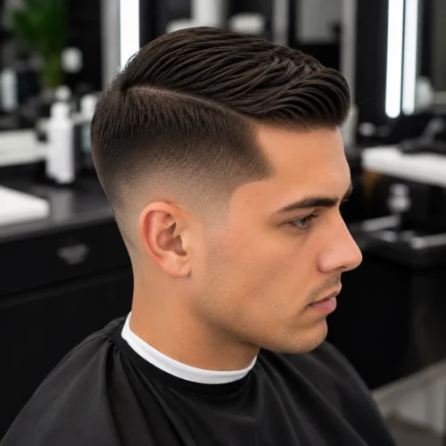 Young man with a clean Comb Over Taper Fade haircut featuring a sleek side-part comb over and smoothly blended taper fade in a modern barbershop.