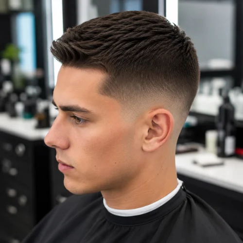 Young man with a clean Crew Cut Taper Fade haircut featuring a short textured top and smoothly blended fade in a modern barbershop.