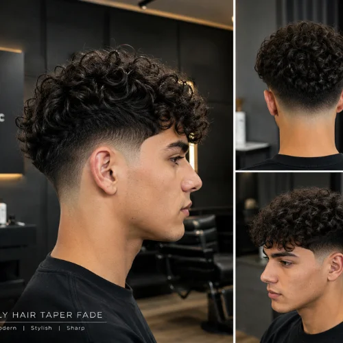 Curly hair taper fade haircut on a young man showcasing a modern barbershop style with clean tapered sides, voluminous curls, and professional barber styling