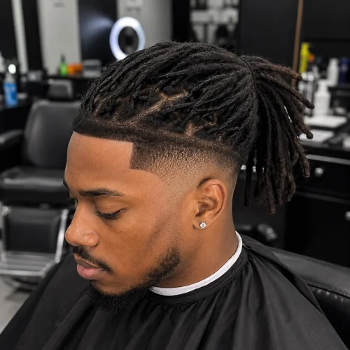 Professional barbershop client with neatly styled dreadlocks (locs) and a clean taper fade haircut, featuring well-maintained locs pulled back, a sharp edge-up, and a smooth taper fade around the temples and neckline.
