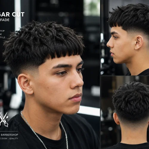 young man with a modern Edgar cut and taper fade haircut in a professional barbershop, featuring a sharp textured fringe, clean low taper fade, and stylish men's hairstyle from front, side, and back views.