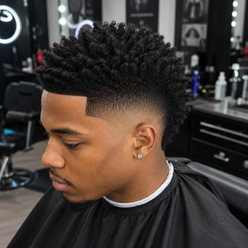 Professional barbershop client with a textured Faux Hawk and clean taper fade. Sharp lineup, blended fade, and modern grooming details are highlighted against a softly blurred barber shop background.