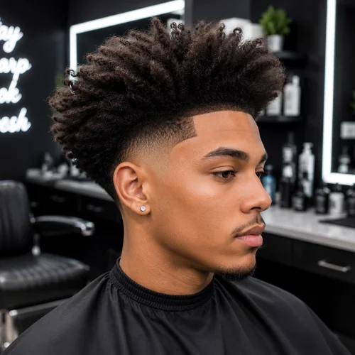 Professional Fluffy Hair Taper Fade haircut on a male model in a modern barbershop featuring voluminous fluffy textured hair, a clean taper fade, and a stylish contemporary men's hairstyle.
