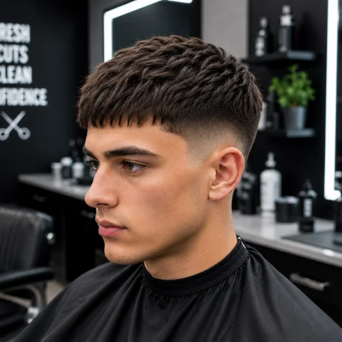 Professional French Crop Taper Fade haircut on a male model in a modern barbershop featuring a textured French crop, clean taper fade, and sharp contemporary men's hairstyle.
