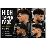 Collage of four men showcasing different high taper fade haircut styles with the title "High Taper Fade: The Complete Guide" featuring haircut tips, best styles, and maintenance guide.