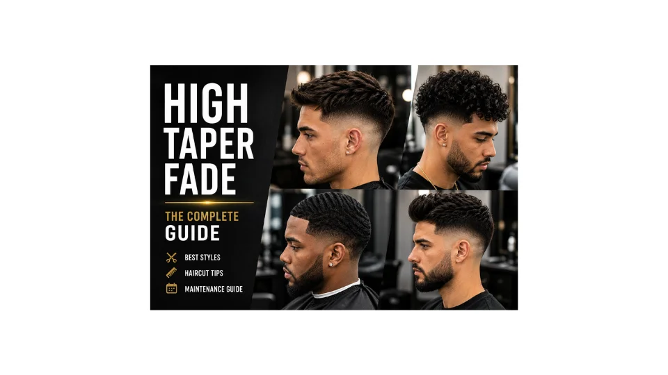 Collage of four men showcasing different high taper fade haircut styles with the title "High Taper Fade: The Complete Guide" featuring haircut tips, best styles, and maintenance guide.