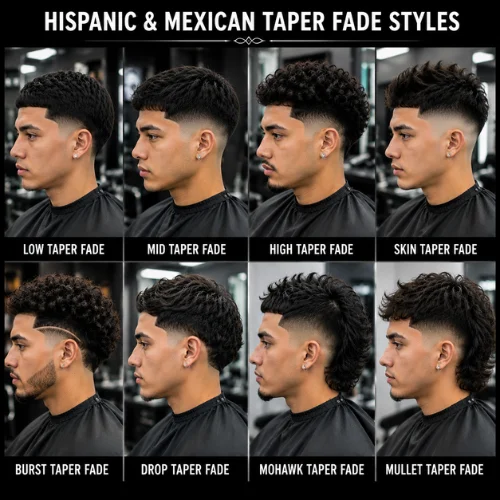 Hispanic and Mexican taper fade hairstyles collage featuring low, mid, high, skin, burst, drop, mohawk, and mullet taper fade on male models in a modern professional barbershop, showcasing clean fades, sharp lineups, and textured hairstyles.