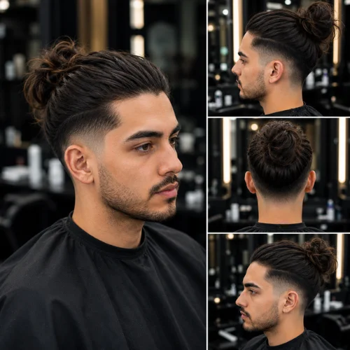 A premium Man Bun Taper Fade haircut featuring long hair tied into a neat bun with a clean, blended taper fade on the sides and back, shown from front, side, and back angles in a modern professional barbershop.