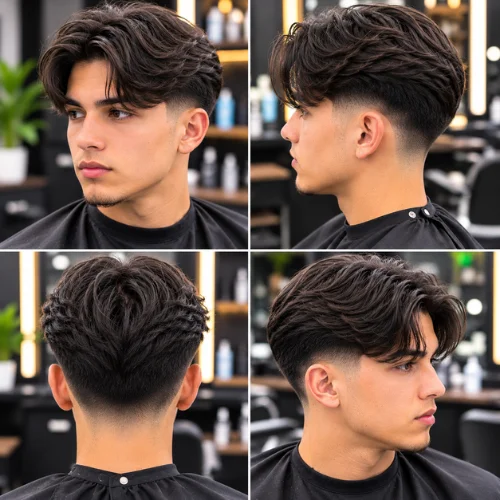Young man with a modern middle part taper fade haircut in a professional barbershop, featuring textured curtain hairstyle, clean low taper fade, and front, side, back, and angled views.