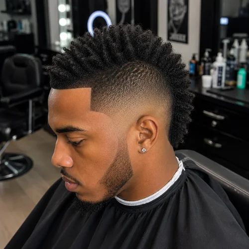Professional barbershop client with a bold Mohawk and clean taper fade. Sharp lineup, blended sides, and precise grooming stand out against a softly blurred barber shop background