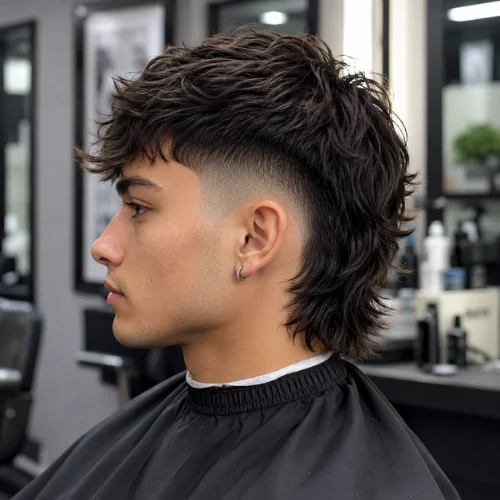 Young man with a modern mullet taper fade haircut in a professional barbershop, featuring textured layers, clean taper fade, and front, side, and back views.