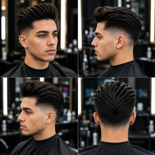 Young man with a modern pompadour and quiff taper fade haircut in a professional barbershop, featuring voluminous styled hair, clean taper fade, and front, side, and back views