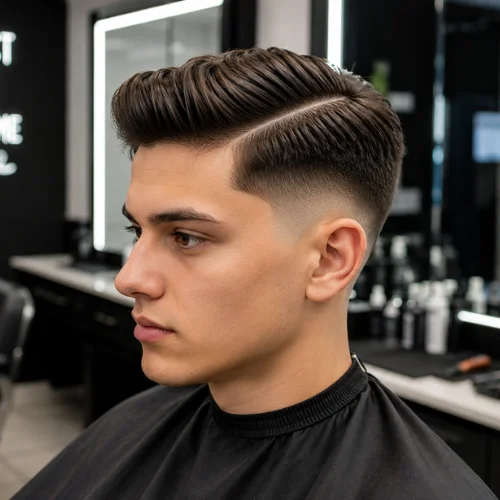 Professional Side Part Taper Fade haircut on a male model in a modern barbershop featuring a clean side part, sharp taper fade, and polished contemporary hairstyle.