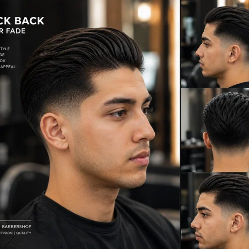 Young man with a sleek slick back taper fade haircut in a modern professional barbershop, featuring neatly combed back hair, a clean taper fade, and sharp men's hairstyle from multiple angles.
