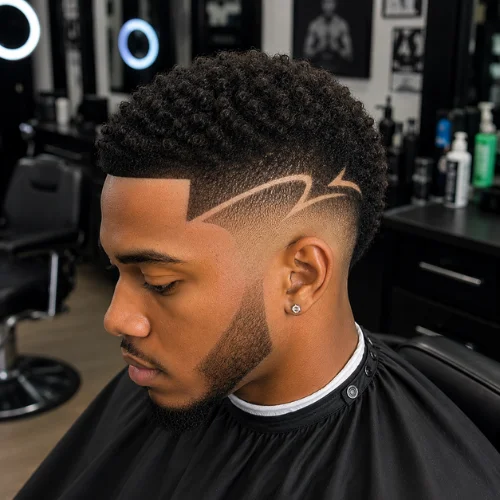 Professional barbershop client with a stylish taper fade and shaved hair design. Sharp lineup, creative side pattern, and smooth fade stand out against a softly blurred barber shop background.