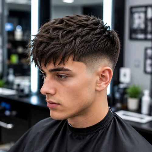 Professional Textured Fringe Taper Fade haircut on a male model in a modern barbershop featuring a textured fringe, clean taper fade, and stylish contemporary men's hairstyle.