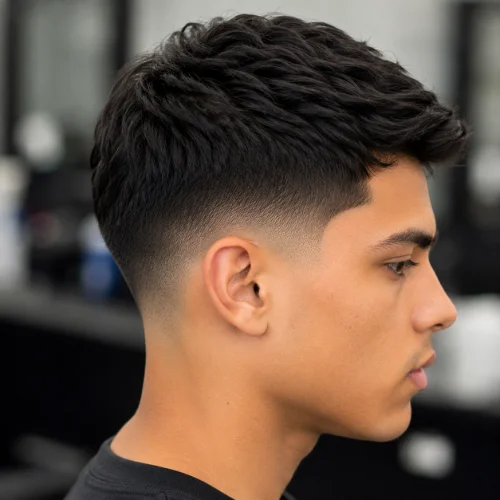 Young man with a clean low taper fade haircut featuring a textured top and smoothly blended sides in a modern barbershop