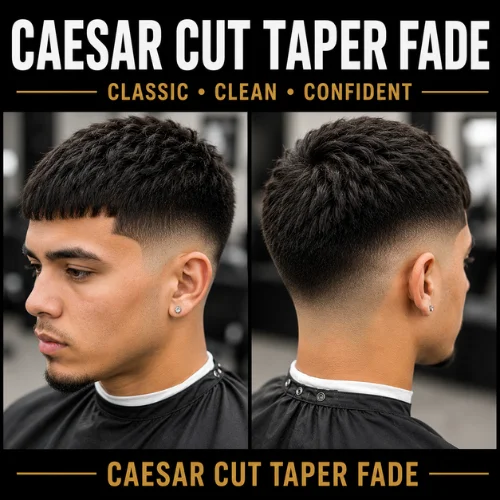 Man with a classic Caesar cut taper fade haircut, featuring short horizontal fringe and clean fade sides
