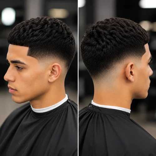 Man with a completely clean-shaven face paired with a sharp taper fade haircut