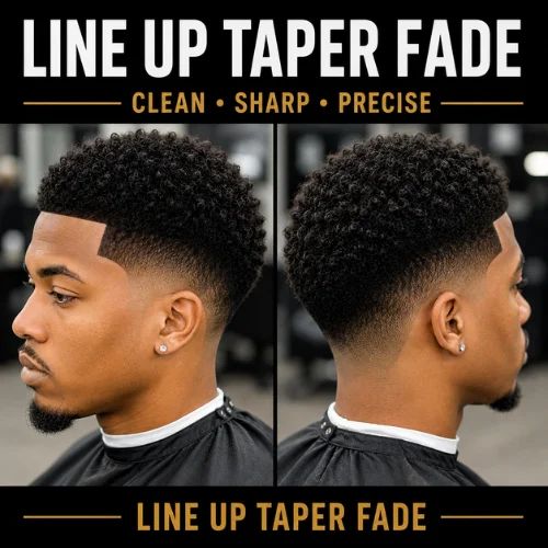 Man with a crisp line up taper fade haircut, featuring a razor-sharp hairline and blended fade on the sides