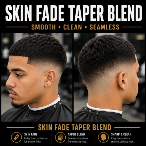 Man with a skin fade taper blend haircut, showing an ultra-close fade near the skin transitioning into a longer taper zone