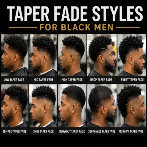 Black man with a sharply blended taper fade haircut in a modern barbershop, showing precise clipper work on coarse, coily hair