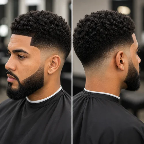 Man with a full beard paired with a taper fade haircut, showing the fade blending into the beard along the sideburns