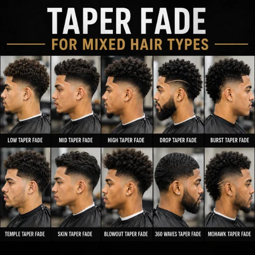 Man with mixed curl-pattern hair getting a taper fade haircut, showing varied texture on top blended into a clean fade