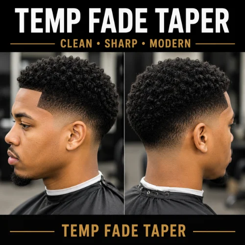 Young man with a subtle temp fade taper haircut, showing a short blend focused only around the temple area